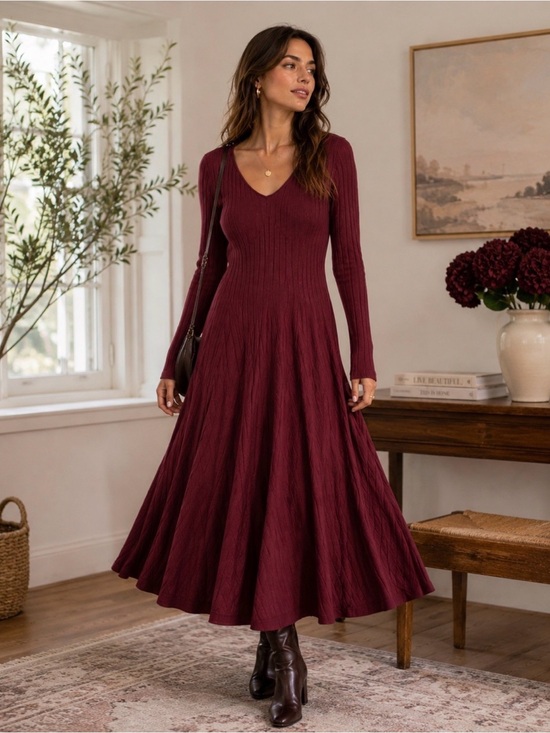 HALARA Dresses & Skirts - Halara Burgundy Ribbed Knit Fit & Flare Midi Dress Long Sleeve V-Neck XS
